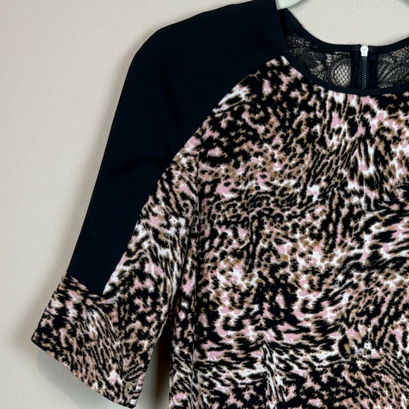 Maggy London Black/Tan/Cream Elbow Length Sleeves Shift Dress with Lace Accent - Picture 2 of 7